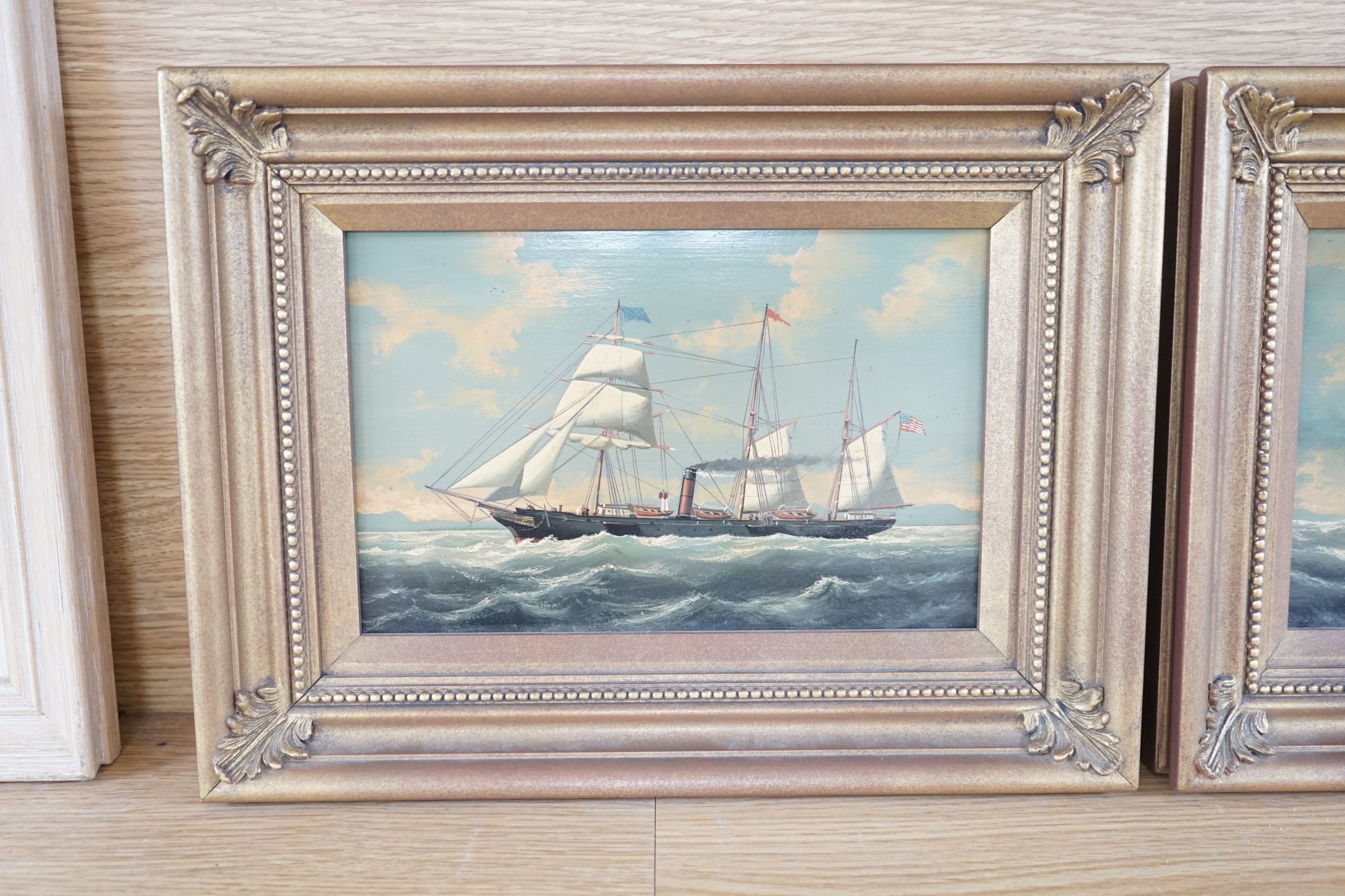 A pair of modern oils on panel of American and English steam and sail ships at sea, 17 x 26cm